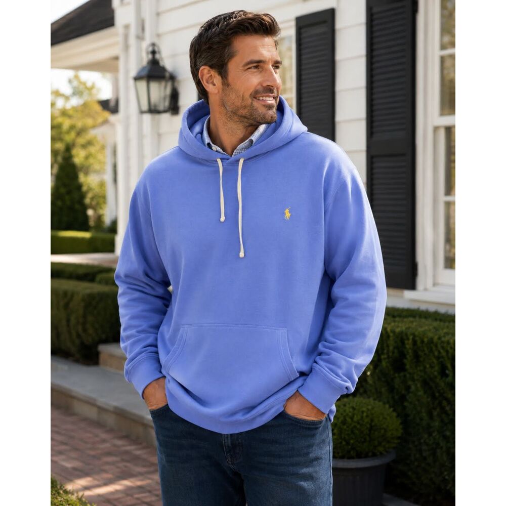Polo Ralph Lauren Men Fleece Hoodie Cornflower Blue Yellow Pony Logo Size XLT